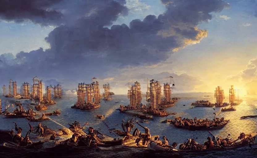 Prompt: the battle of salamis, photography, golden hour, extremely detailed, 4 k