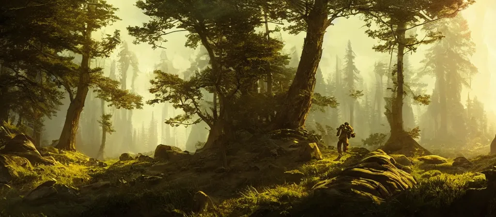 Image similar to one astronaut on forest planet, beautiful dynamic lighting, cinematic, wide angle establishing shot, extremely high detail, photo realistic, cinematic lighting, post processed, concept art, artstation, matte painting, style by frederic church, raphael lacoste, unreal engine 8 k, roger deakins