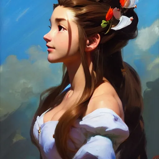 Prompt: Greg Manchess portrait painting o Aerith Gainsborough as Overwatch character, medium shot, asymmetrical, profile picture, Organic Painting, sunny day, Matte Painting, bold shapes, hard edges, street art, trending on artstation, by Huang Guangjian and Gil Elvgren and Sachin Teng