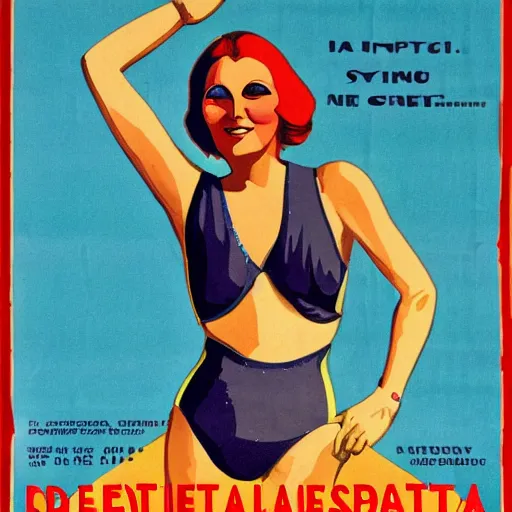 Image similar to a 1 9 2 8 colorful poster. happy, healthy, beautiful, smiling, sporty, glowing greta garbo in decent swim wear.