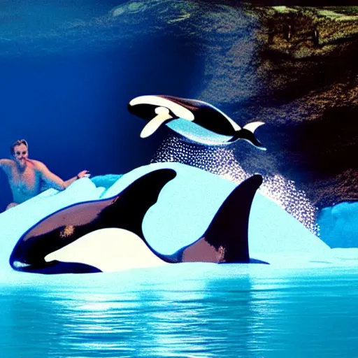 Prompt: ryan gosling in swimming trunks and cyberpunk style goggles rides a killer whale in a lava lake, photo