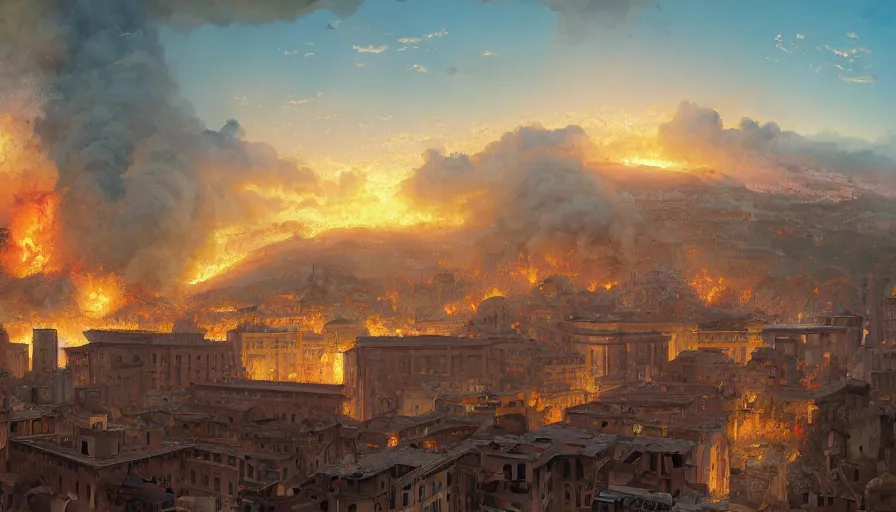 Image similar to A highly detailed matte painting of the Sack of Rome, fire and smoke, by Studio Ghibli, Makoto Shinkai, by Artgerm, by beeple, volumetric lighting, octane render, 4K resolution, trending on artstation, masterpiece