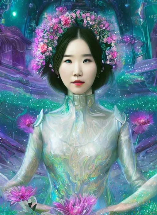 Prompt: portrait of IU Lee Ji-Eun as a Celestial Goddess of a futuristic pearlescent holographic, inside future fighter, sci-fi, fantasy, intricate, lush garden spaceship with sakura season flowers in Kyoto Japan, elegant, human anatomy, royal green and nature light, highly detailed, digital painting, artstation, concept art, smooth, sharp focus, illustration, art by tian zi and WLOP and alphonse mucha, masterpiece, 3d blender
