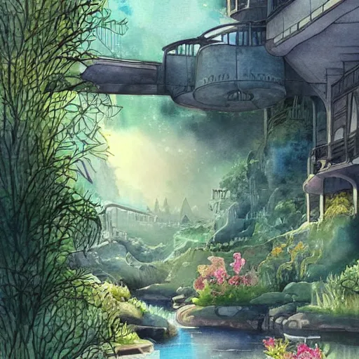 Image similar to Beautiful happy picturesque charming sci-fi town in harmony with nature. Beautiful light. Water and plants. Nice colour scheme, soft warm colour. Beautiful detailed watercolor by Lurid. (2022)