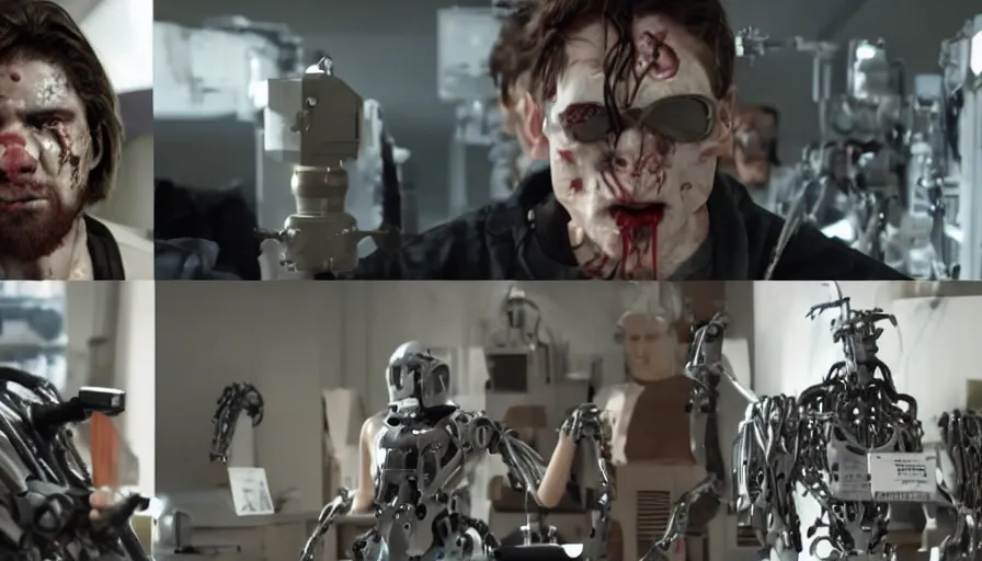 Image similar to big budget action movie about science lab with a demonic battle cyborg