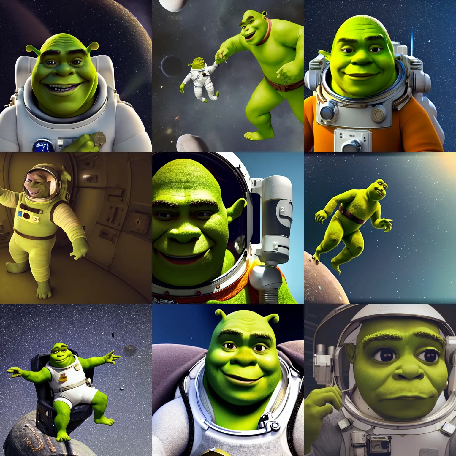 Prompt: shrek in astronaut suit with gold linens, floating in outer space, cinematic lighting, dramatic, octane render, long lens, 8k, hyper detailed