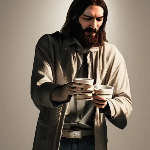 Prompt: hipster jesus ordering starbucks coffee, realistic artstyle, wide shot, dramatic lighting, octane render, hyperrealistic, high quality, highly detailed, HD, cinematic