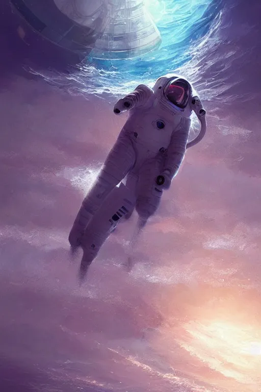 Image similar to astronaut lost in the ocean, space themed, highly detailed, digital painting, artstation, concept art, smooth, sharp focus, illustration, art by artgerm and greg rutkowski