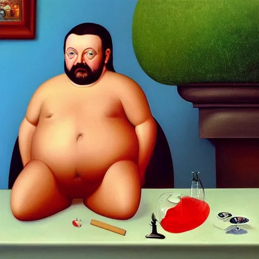 Image similar to Fernando Botero painting of Ricky Gervais relaxing and smoking weed, high definition art, extremely detailed