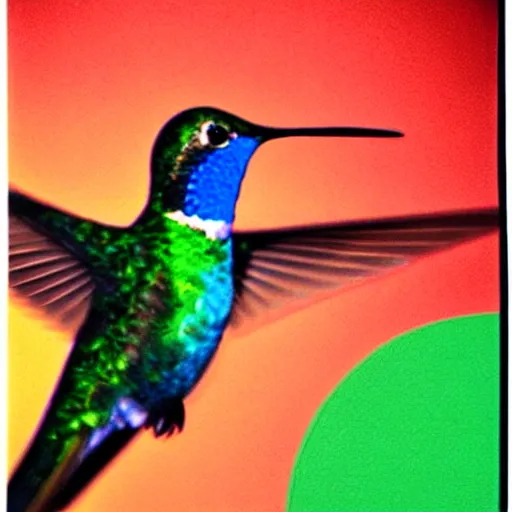 Prompt: close-up shot of a hummingbird wearing a hoodie in the 80s, at the party, colourful Polaroid photo, by Warhol