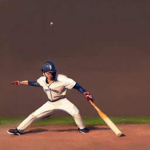 Image similar to baseball player hitting the ball with the baseball bat in the middle of the game and in front of everyone in the stadium, james gurney painting style, greg rutkowski, artstation