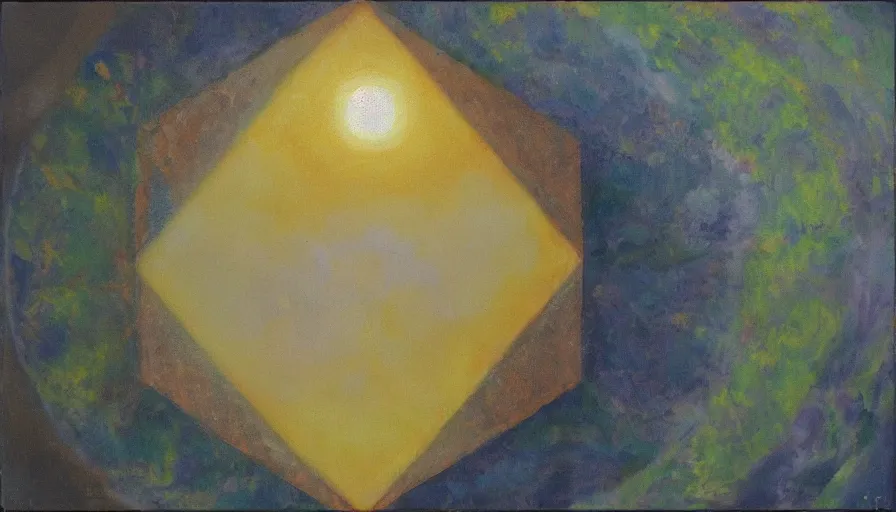 Prompt: the sun being blocked by a hexagon, seen from earth, oil painting