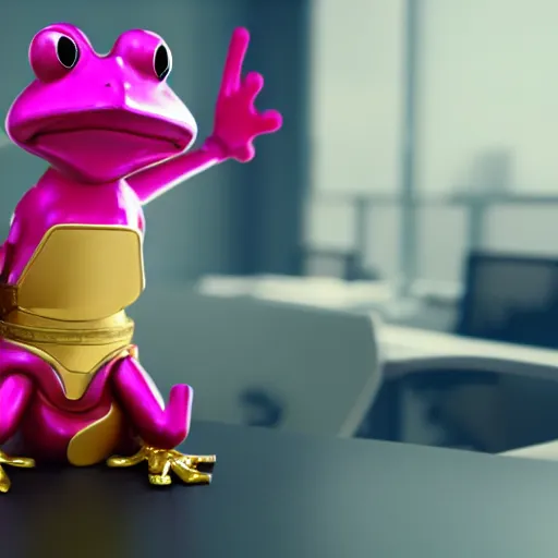 Image similar to octane render of a pink anthropomorphic frog wearing a golden set of armor sitting in a desk at an office,