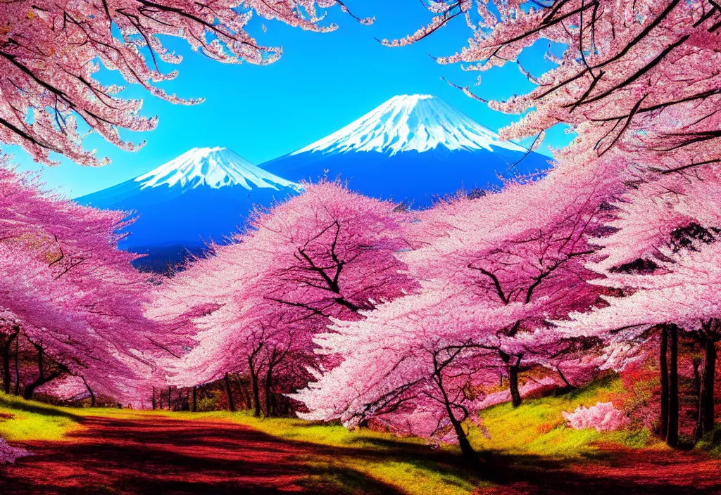 Image similar to a real photographic landscape painting with incomparable reality, wide angle, in forest, flowers, cherry blossom tree in full bloom, bright style, mount fuji, clearing, magnificent, artstation