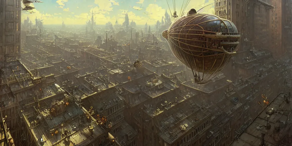 Image similar to steampunk airship above a busy city, exquisite details, denoised, mid view, by norman rockwell, karl kopinski, artsation, greg rutkowski, makoto shinkai, takashi takeuchi, studio ghibli