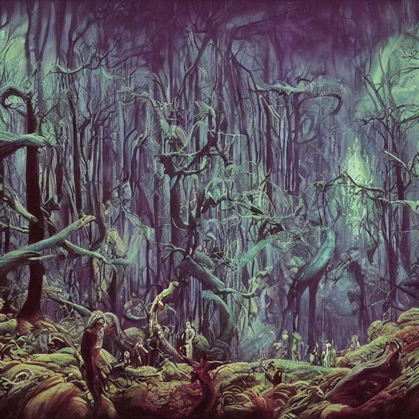 Prompt: a scene of an opening in a dark fantasy forest with colored fantastical beings. dark black surroundings. hyperrealist illustration. muted colors. 1 9 7 0's science fiction and fantasy cartoon. richly colored painting by don ivan punchatz.