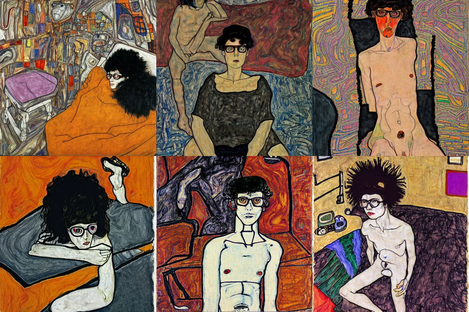 Prompt: egon schiele style teenage black shaggy haircut and big glasses girl, dressed in black, sitting over a trippy victor moscoso floor . lsd colorful bedroom, diary on her hand