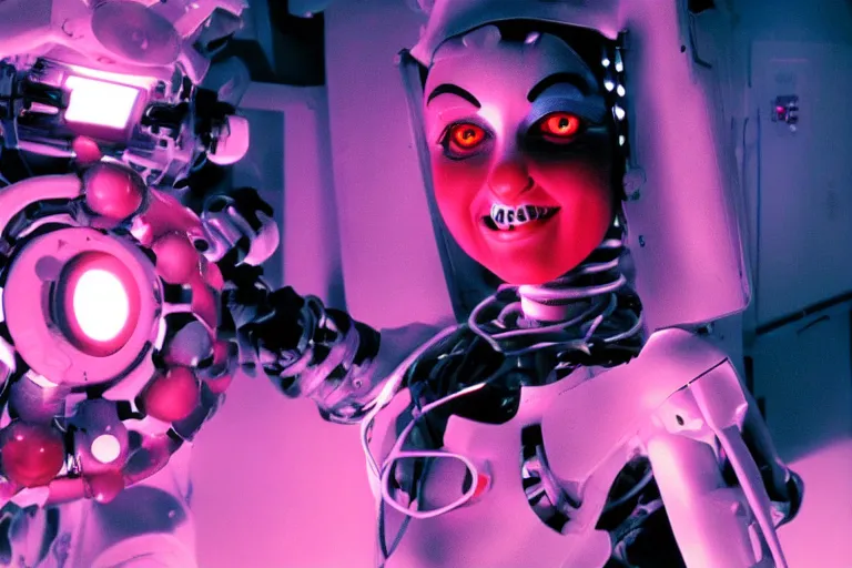 Prompt: cute robo - clowngirl in clowncore cyberspace, fractal, in 2 0 5 5, y 2 k cutecore clowncore, low - light photography, bathed in the glow of a crt monitor, still from a ridley scott movie