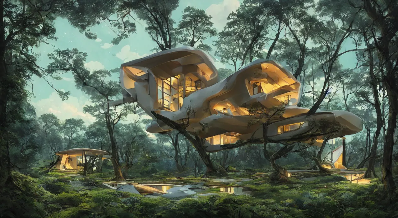 Prompt: a futuristic house sitting in the middle of the forest, unreal engine, fantasy art by greg, loish, rhads, ferdinand knab, makoto shinkai and lois van baarle, ilya kuvshinov, rossdraws, tom bagshaw, night lighting, trending on studio ghibli, volumetric lighting, octane render, 8 k, keyshot