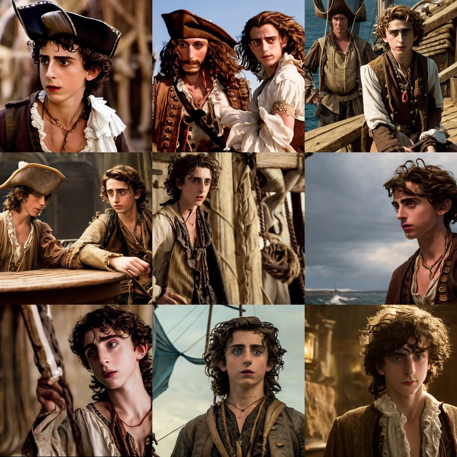 Prompt: still from a pirate movie starring Timothee Chalamet as Guybrush Threepwood, directed by Steven Spielberg, shot on film