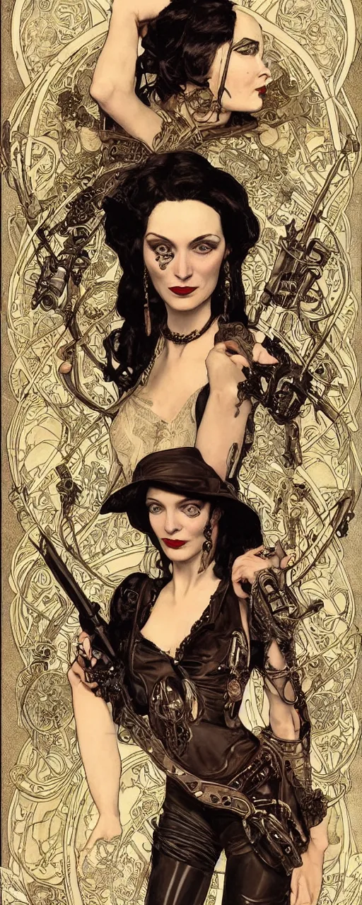 Prompt: a beautiful sensual ironpunk art nouveau style portrait of morticia adams as a rebel soldier by chris achilleos, moebius, olivia de bernardinis and alphonse mucha, photorealism, extremely hyperdetailed, perfect symmetrical facial features, perfect anatomy, ornate declotage, weapon, high technical detail, confident expression, wry smile