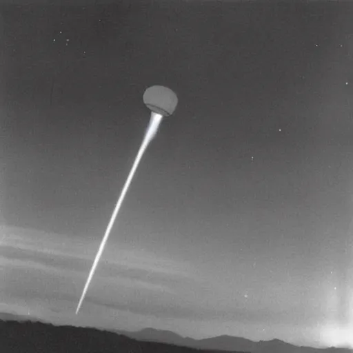 Image similar to dark photo of an ufo in the skies, there is a nuclear explosion behind, black and white, pictorialism