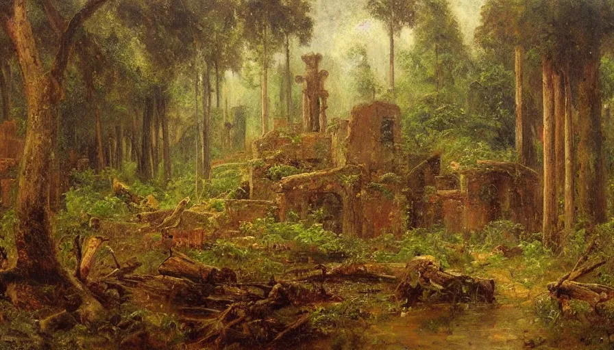 Image similar to forest filled with ruins, heavy rain, in the style of Gaston Bussière