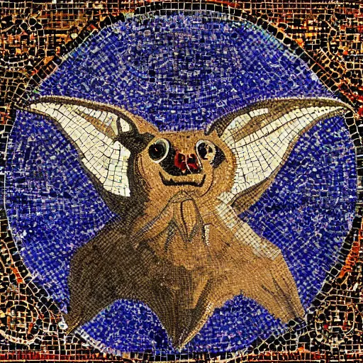 Image similar to medium shot Mosaic depicting a cute realistic adorable vampire bat, realistic wings, looking left, round blue background, from Italica, AD 176-275. Archaeological Museum, Seville. Byzantine mosaics, highly detailed, HQ, HD, beautiful, National Geographic,