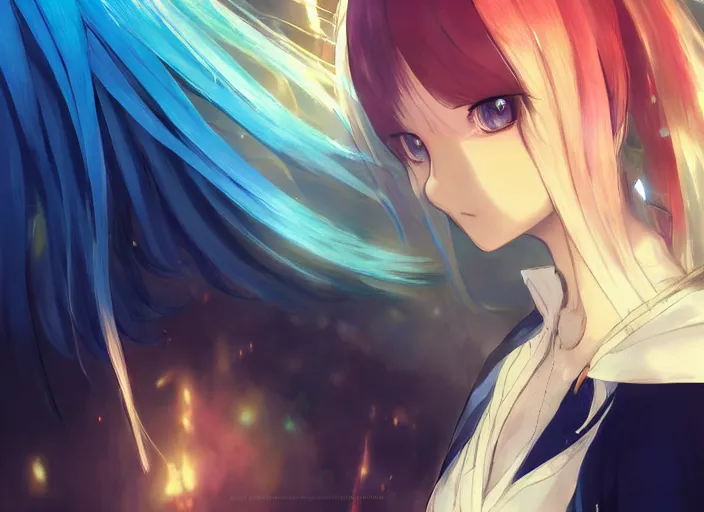 Image similar to pretty rimuru tempest in a bar, sky blue straight hair, bangs, with amber eyes, gold eyes, wearing a black jacket, high collar, ultra detailed, concept art, award winning photography, digital painting, cinematic, by wlop, anime key visual, closeup, pixiv, happy, yoshitaka amano, ilya kuvshinov,