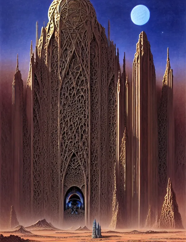 Prompt: giant immense crematorium advanced technology sci - fi architectural structure on desert planet, gothic architecture fantasy, d & d, intricate, painting by lucian freud and mark brooks, bruce pennington sakimi chan, fantasy armor, detailed face, dynamic lighting, tony sart