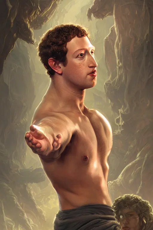 Image similar to portrait of mark zuckerberg as a hulking herculean demon, forest, godlike, full body, fantasy, intricate, elegant, highly detailed, digital painting, artstation, concept art, sharp focus, illustration, art by artgerm and greg rutkowski and alphonse mucha