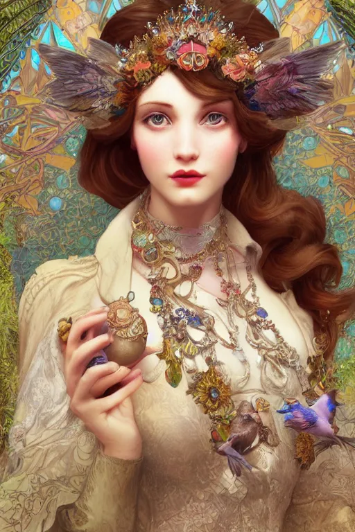 Prompt: face closeup, 3 d render of english princess holding birds, ornaments, mucha vibe, dieselpunk, solarpunk, artstation