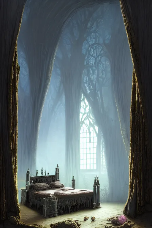 Prompt: a beautiful digital illustration painting of a detailed gothic fantasy bedroom, by benoit b. mandelbrot, steven belledin, martin johnson heade, lee madgwick, caspar david friedrich, and david rios ferreira. 8 k resolution trending on artstation concept art digital illustration