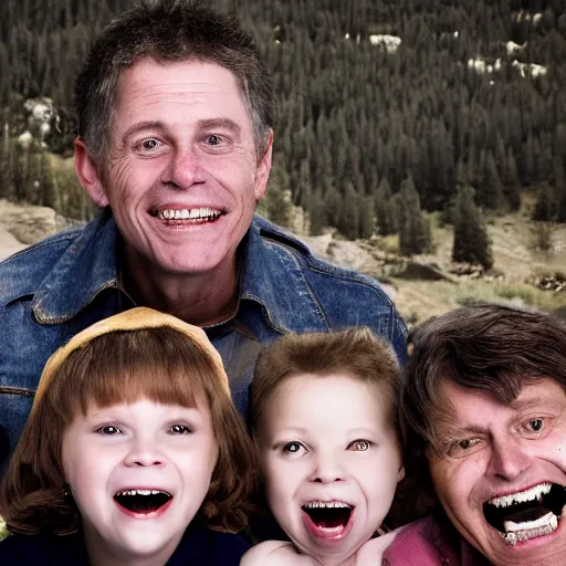 Image similar to family portrait studio of ugly family big rond eyes bad rotten teeth and smile, horrible scary family laughter by Cronenberg, mountain landscape background,, very detailed, grainy image