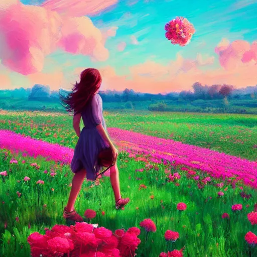 Image similar to giant rose as a head, girl walking in a flower field, surreal photography, sunrise dramatic light, impressionist painting, colorful clouds, digital painting, artstation, simon stalenhag