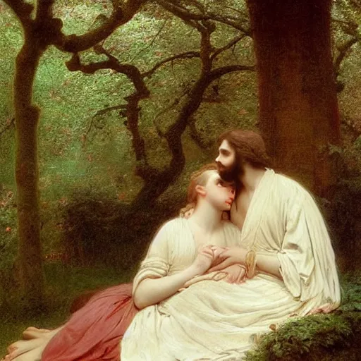 Prompt: Springtime, by Pierre-Auguste Cot, depicting two men in love dressed in white robes