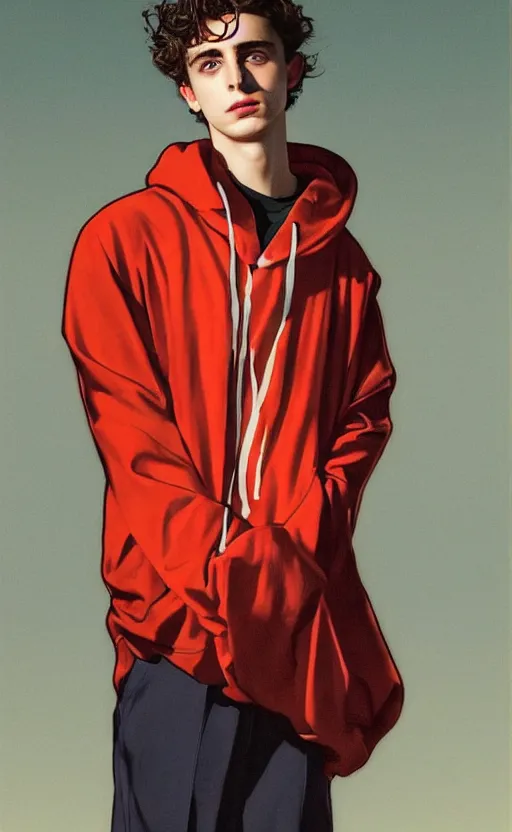 Prompt: Timothee Chalamet wearing hoodie, night time, looking at his reflection, +++ super super super dynamic posing, j.c. leyendecker, Valentina Remenar, kodachrome, thick eyebrows, super serious facial expression