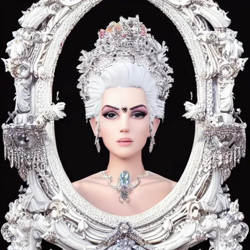 Image similar to portrait of pretty princess with white hair, beauty, ornate and intricate diamond jewelry, glowing, jaw dropping, ornate and intricate backdrop, white accent lighting, hyper detailed, 4 k octane render