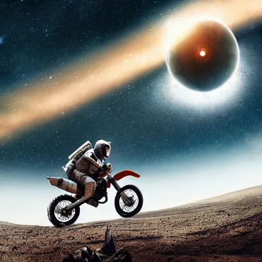 Prompt: photograph of an astronaut riding a dirt bike on an alien planet, interstellar cinematic shot