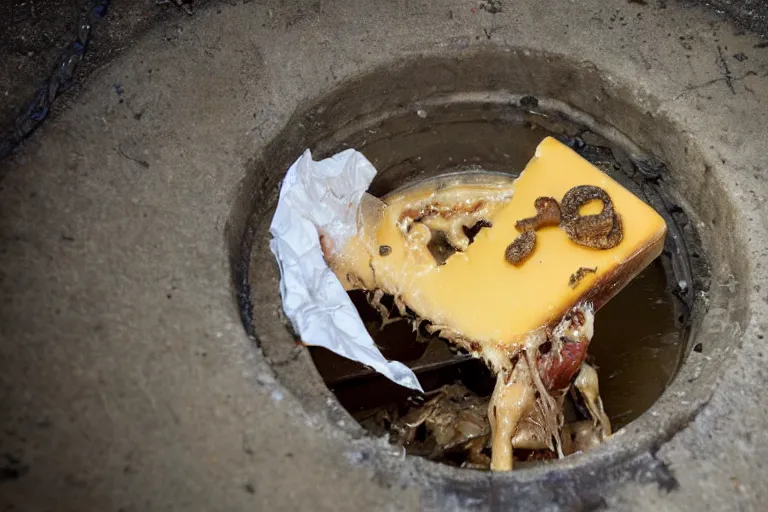 Image similar to a mutant disgusting rat eating cheese in a sewer, photograph, terror, horror, mutant,