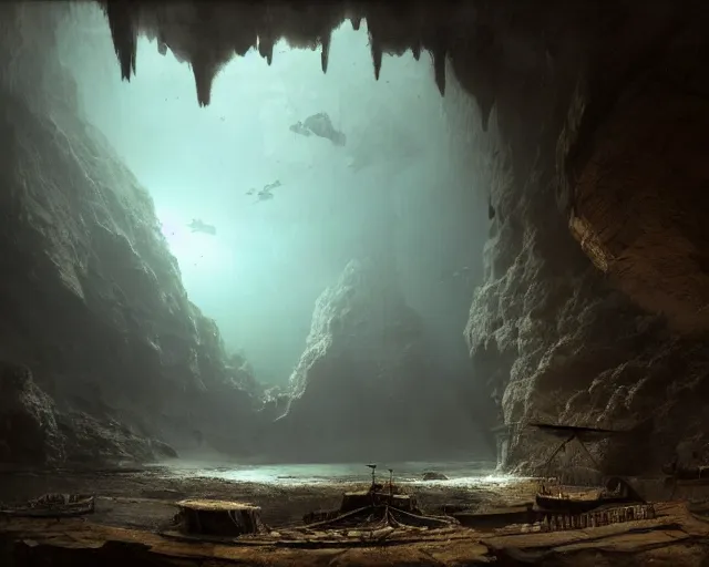 Prompt: A singular big galleon ship, three masts, front and center, in a cave. Underexposed, dark, centered. Atmospheric matte painting by Darek Zabrocki and Emmanuel Shiu, 4k ultra detailed