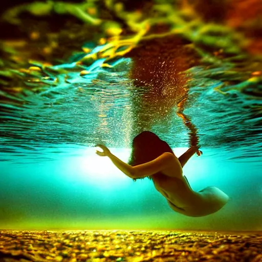 Image similar to mermaid breaking the surface of the water, underwater photography with light scattering and water refractions, smooth