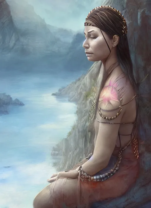 Image similar to surrender, letting go, indigenous woman relaxing, matte painting, fantasy art