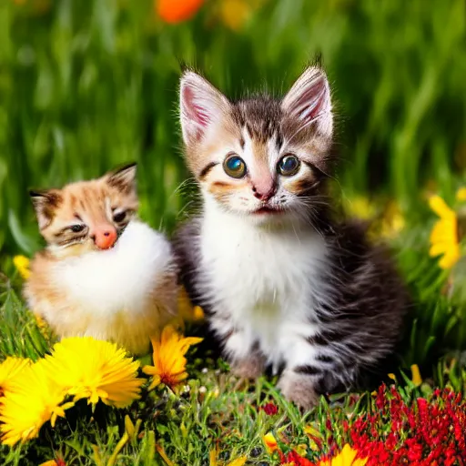 Prompt: Kitten cuddling with chick on flower meadow, sunny day, colorful realistic professional photo