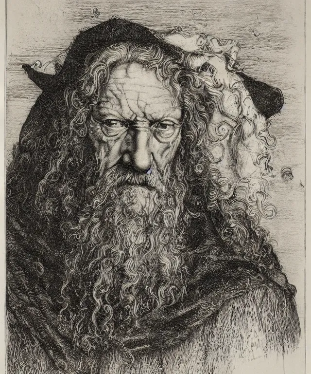 Prompt: an portrait engraving of david bradley as argus filch by albrecht durer, gustave dore, ian miller, highly detailed, storybook illustration, lithograph engraving