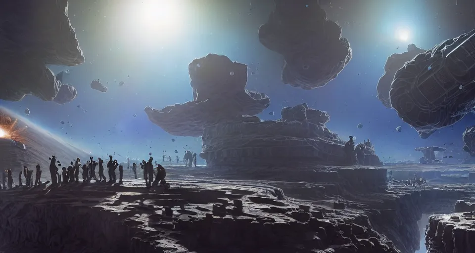 Prompt: a highly detailed digital matte painting of a mob of armed workers in power suits attacking a high-tech mining colony with extraction pumps and silos on the surface of an asteroid in space, by Raphael Lacoste and Stephan Martiniere and Peter Mohrbacher and Robert McCall, volumetric lighting, hyperdetailed, octane render, 8k H- 640