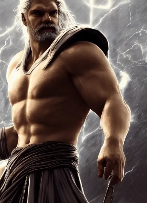 Image similar to zeus, god of thunder, greek god, white hair, powerful, upper body, white robe, in mortal kombat, splash art, movie still, cinematic lighting, dramatic, octane render, long lens, shallow depth of field, bokeh, anamorphic lens flare, 8 k, hyper detailed, 3 5 mm film grain