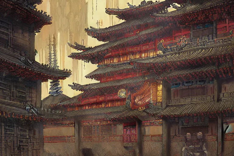 Image similar to cyberpunk chinese ancient castle, fantasy, painting by Gustav Klimt, greg rutkowski and alphonse mucha