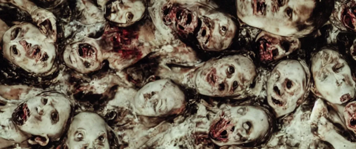 Image similar to filmic closeup dutch angle movie still 4k UHD 35mm film color photograph of a dozen burnt corpses with frozen pained expressions, on the floor of a a science lab , in the style of a 1980s horror film