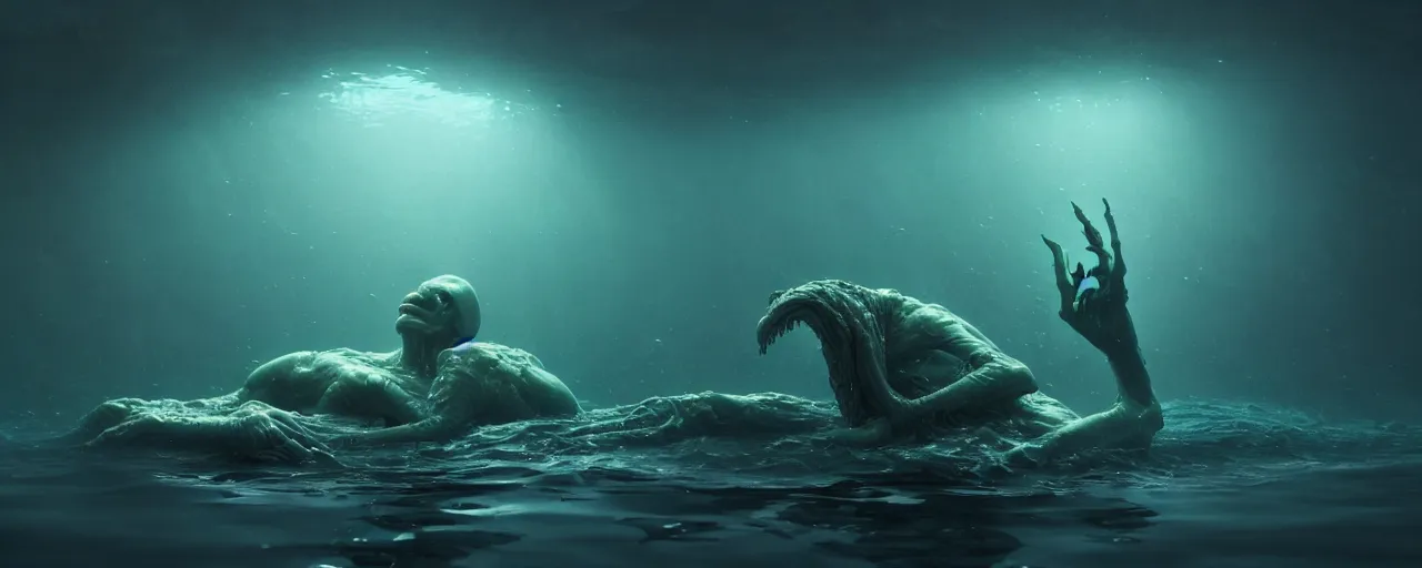 Image similar to ultra realistic horror photo of a dimly lit male alien creature underwater, very intricate details, focus, full frame image, model pose, artwork by tooth wu and wlop and beeple and greg rutkowski, award winning